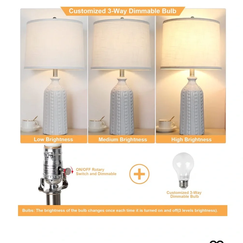 3-Way Dimmable White Ceramic Table Lamp with White Drum Slub Shade & Bulb-24.5”